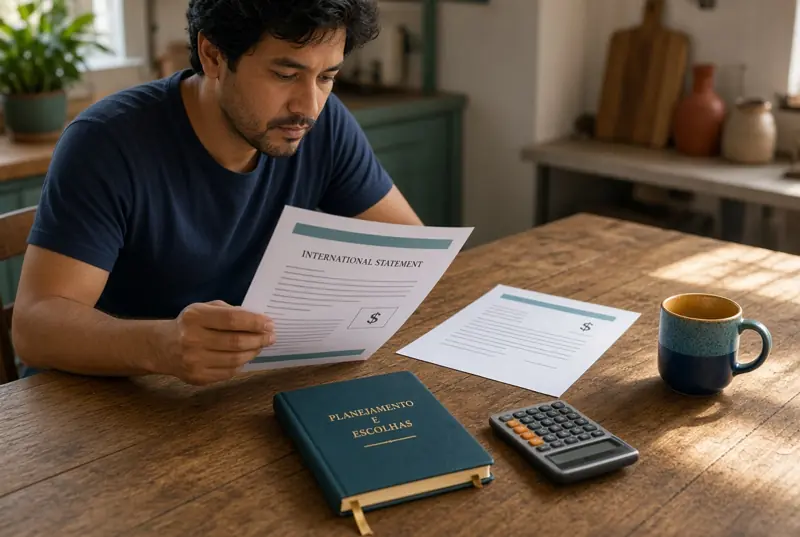 Homem compara a fatura de um cartão de crédito em dólar com calculadora e caderno sobre a mesa.