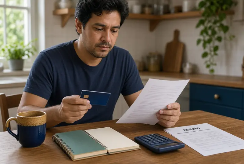 Homem compara o cartão de crédito e um resumo de limite sobre a mesa, com calculadora e caderno.