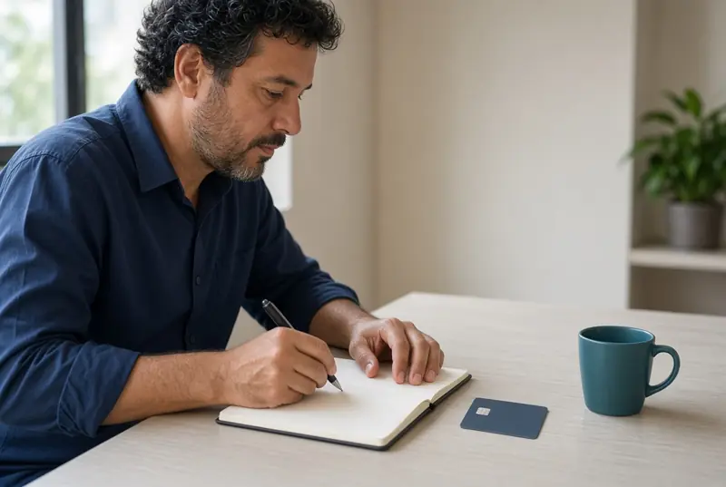 Homem anota o pedido de aumento de limite ao lado do cartão.