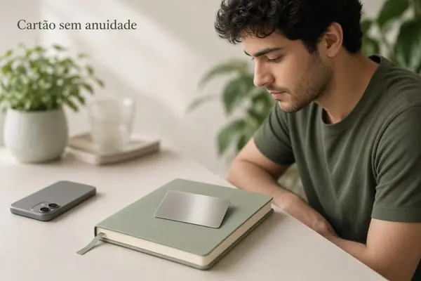 Pessoa compara um cartão e o celular ao avaliar anuidade.