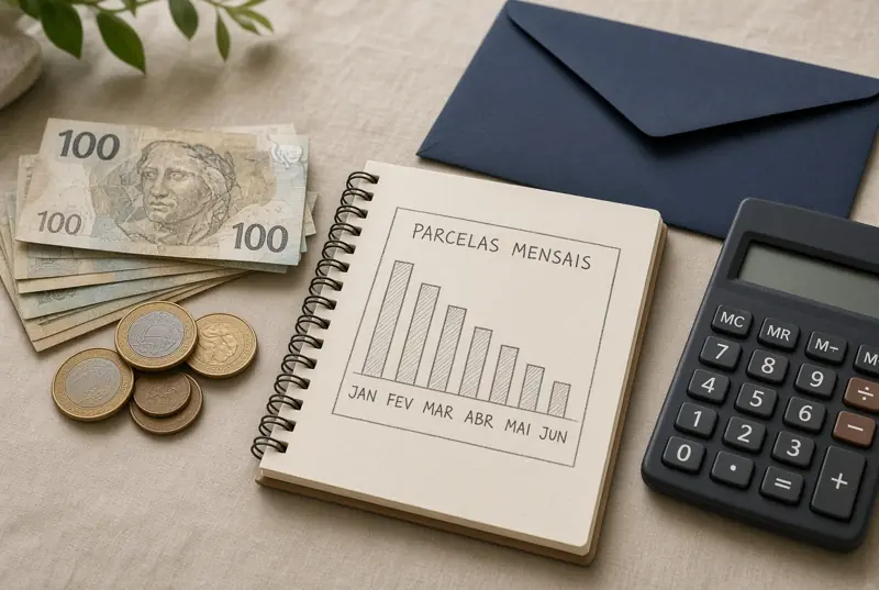 Caderno com parcelas, calculadora e notas de real para um empréstimo de cinco mil.