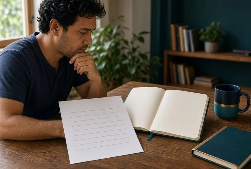 Homem analisa um papel e um caderno ao pensar no limite do cartão.