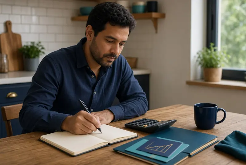 Homem anota o pedido de aumento de limite do cartão com calculadora sobre a mesa.