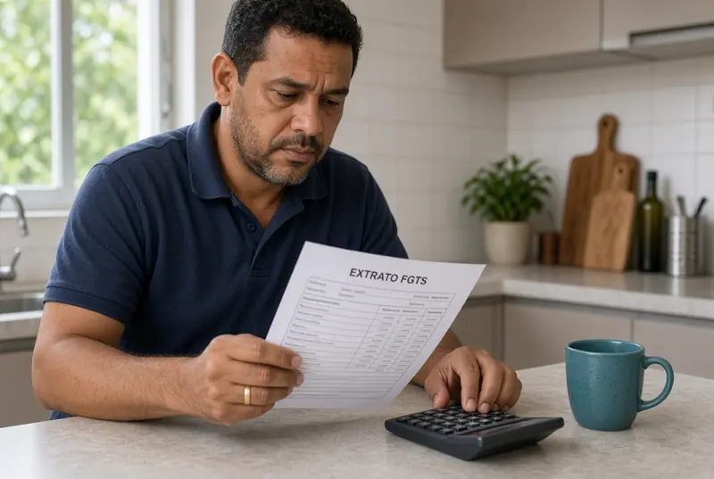 Trabalhador confere extrato do FGTS e calcula o custo da garantia.