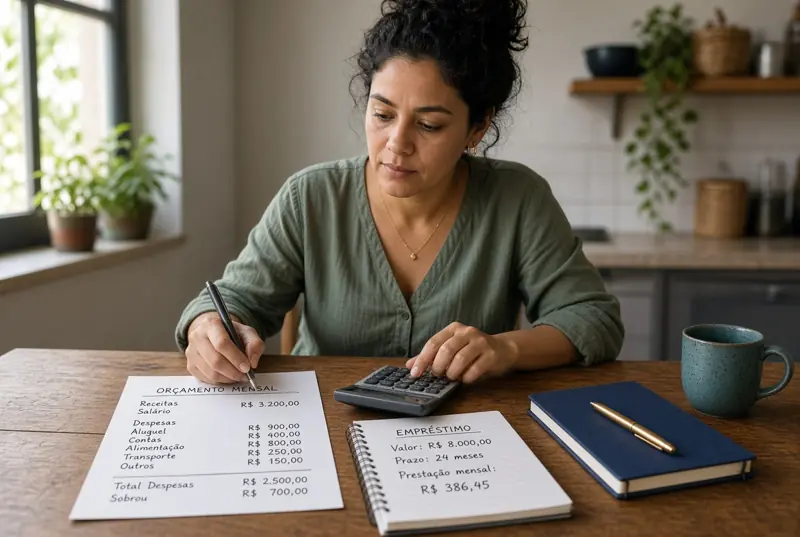 Mulher calcula a prestação do empréstimo ao lado do orçamento mensal, com caderno e calculadora.