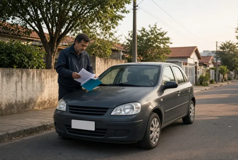 Dono de carro quitado confere papéis na rua antes de oferecer o veículo como garantia.