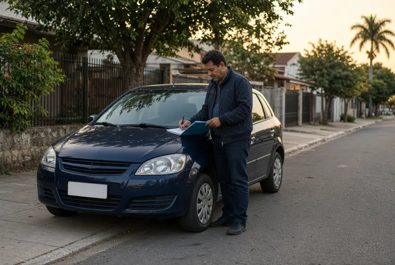 Motorista anota dados do carro na rua antes de avaliar empréstimo com garantia.