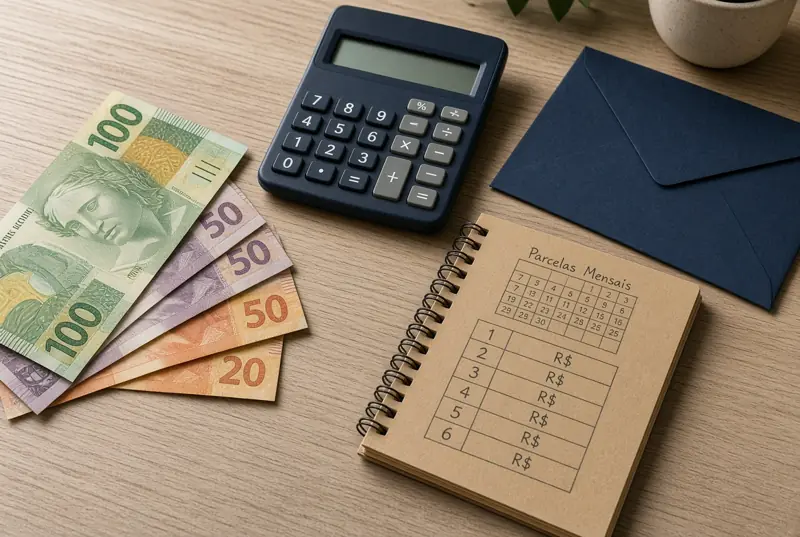 Notas de real, calculadora e caderno de parcelas para um empréstimo de cinco mil.