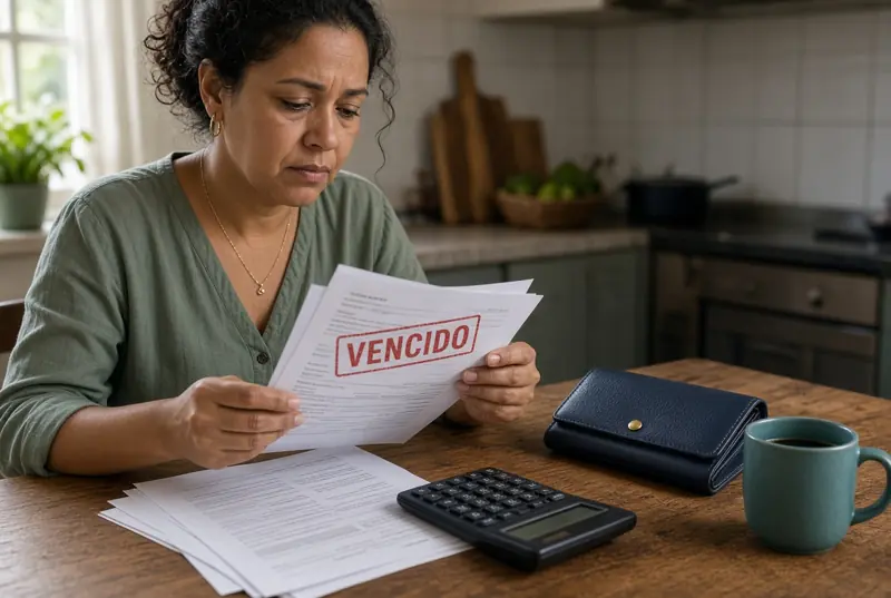 Mulher olha contas vencidas e calcula se um empréstimo novo ainda cabe.