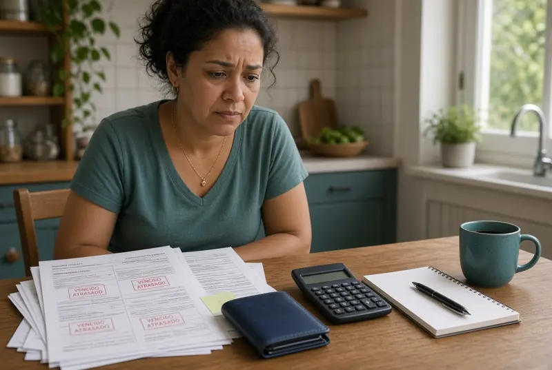 Mulher organiza contas atrasadas e calcula se um empréstimo novo cabe no mês.