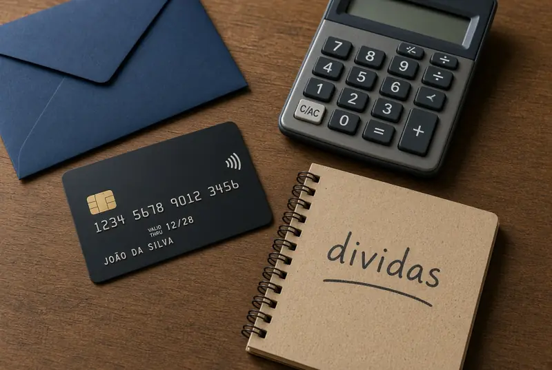 Cartão, calculadora e caderno de dívidas sobre a mesa antes da troca por empréstimo.