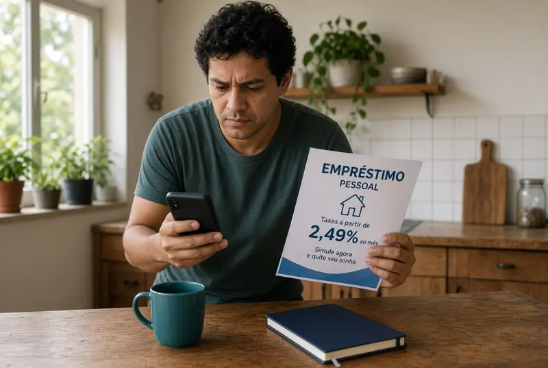 Homem compara o anúncio de empréstimo rápido no papel com o que aparece no celular.