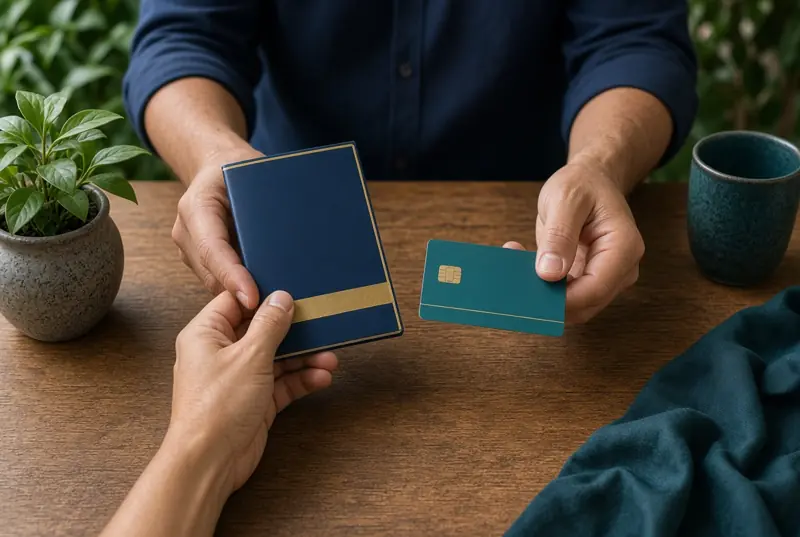 Pessoa compara um caderno de reserva e um cartão sobre a mesa.