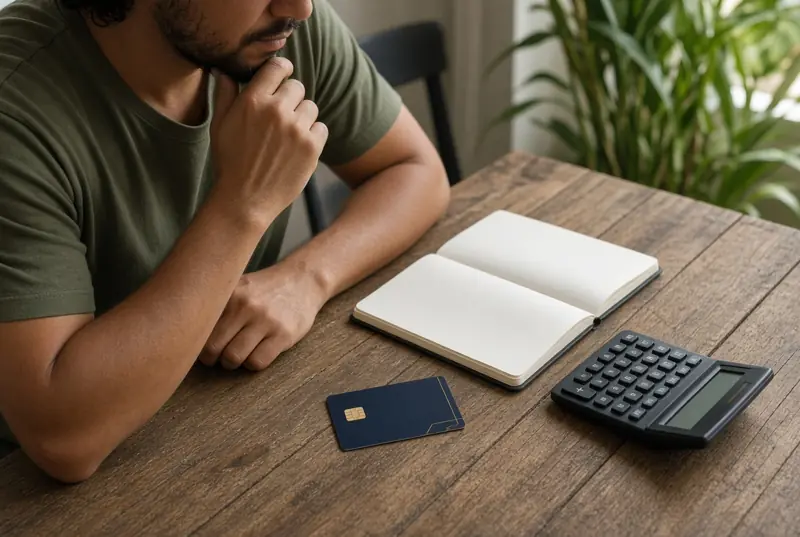 Homem avalia calculadora e cartão antes de usar o limite como empréstimo.