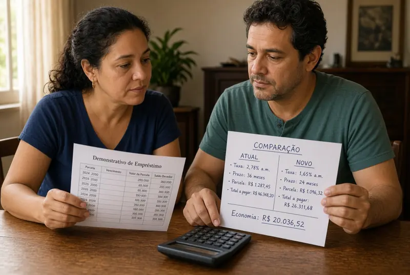 Casal compara propostas de empréstimo de bancos diferentes lado a lado.