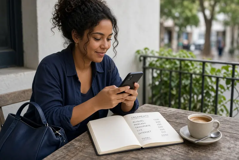 Mulher consulta o celular e o orçamento.
