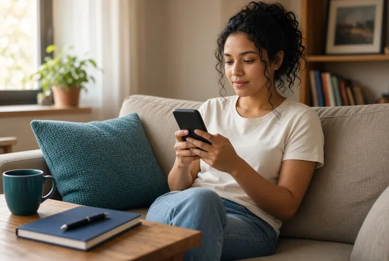 Mulher pede empréstimo online pelo celular no sofá.