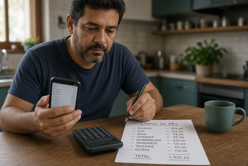 Homem compara a simulação do celular com as contas do mês.