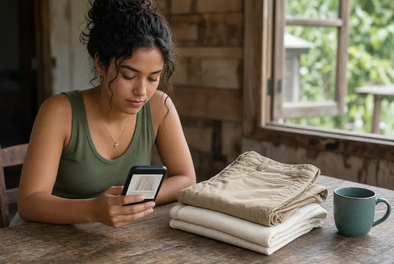 Mulher compara o preço da peça no celular.